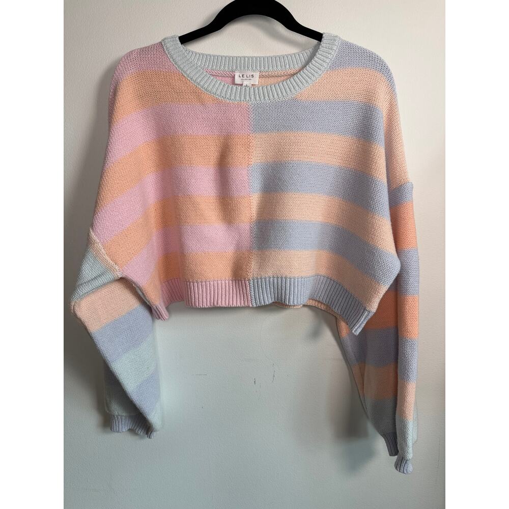 Pastel Colorblock Striped Cropped Sweater Soft Girl Coquette Slouchy Knit Size L - Picture 2 of 4